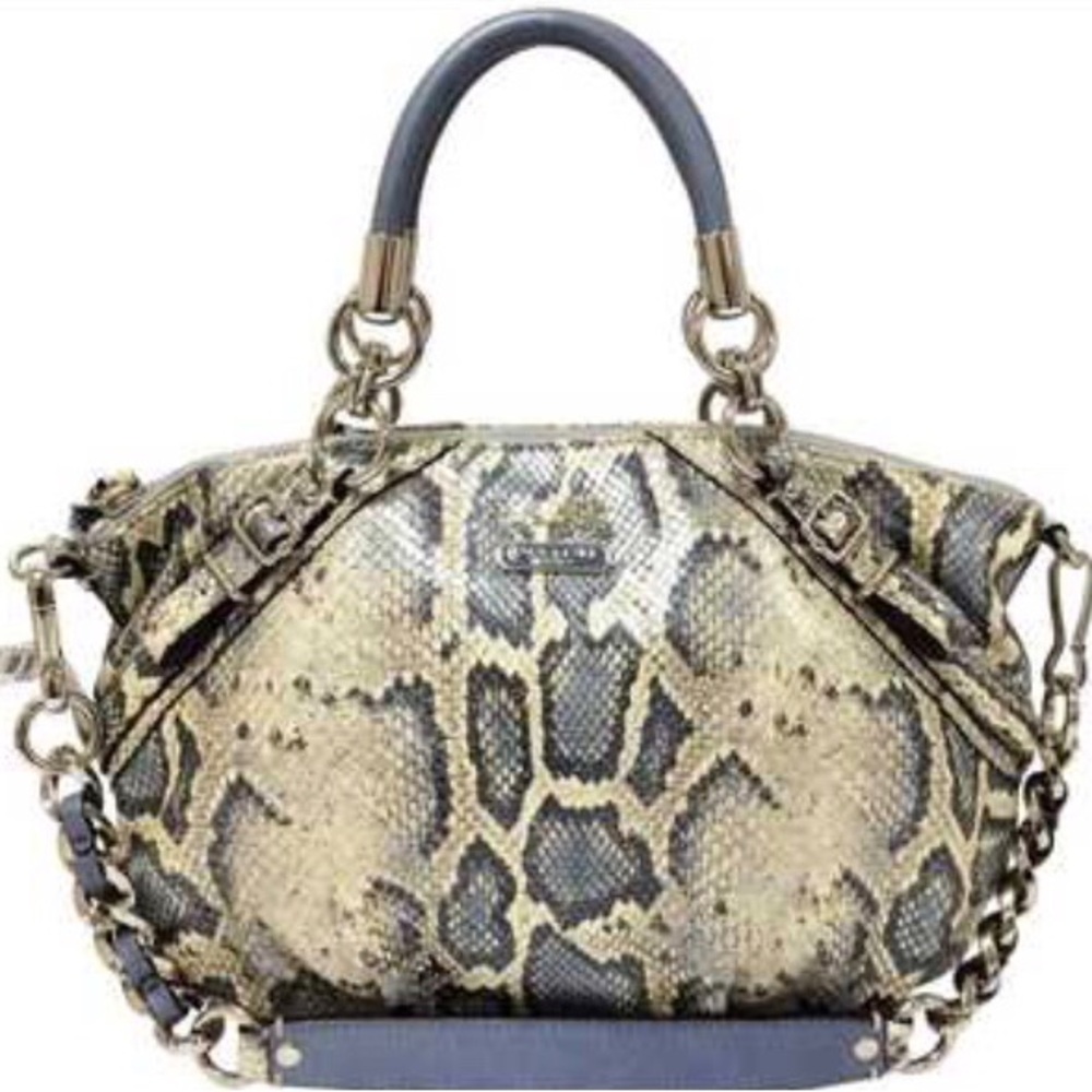 Coach Madison Sophia Embossed Python Leather Shoulder Bag Silver Light Blue